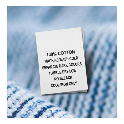 100% Cotton, Machine Wash Cold, Separate Dark Colors, Tumble Dry Low, No Bleach, Cool Iron